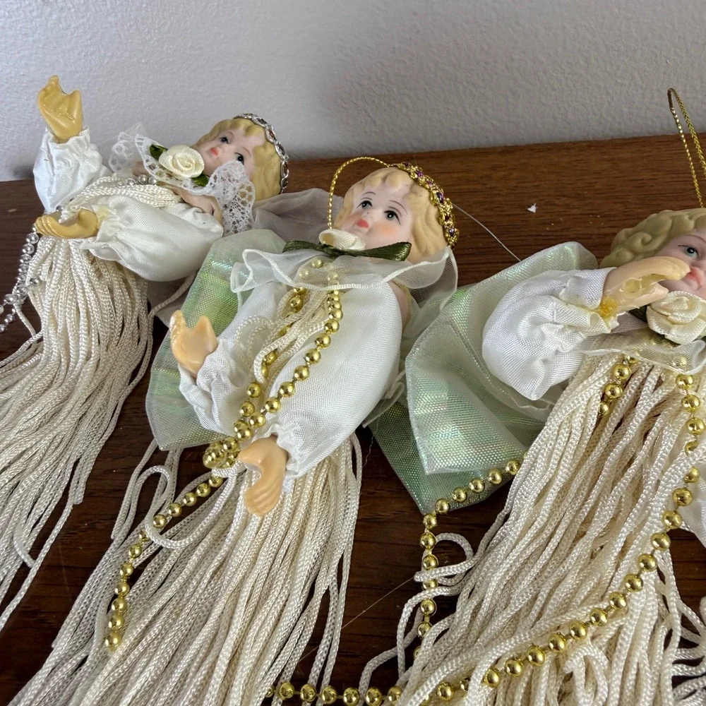 Vintage Set of 4 Porcelain Head Angel Christmas Ornaments White Tassel Star